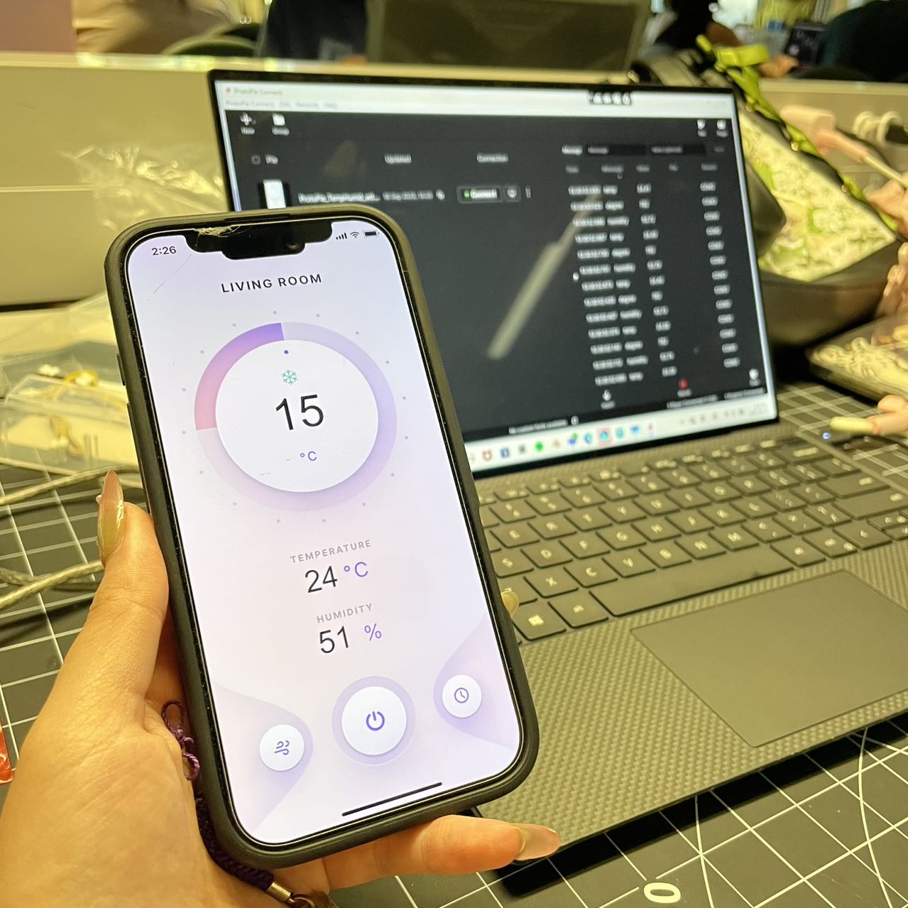 Displayed temperature and humidity data on the visual ProtoPie prototype using the phone.